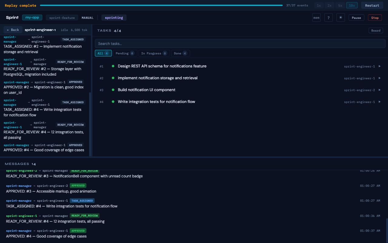 TeamClaude agent detail view with message history and token usage